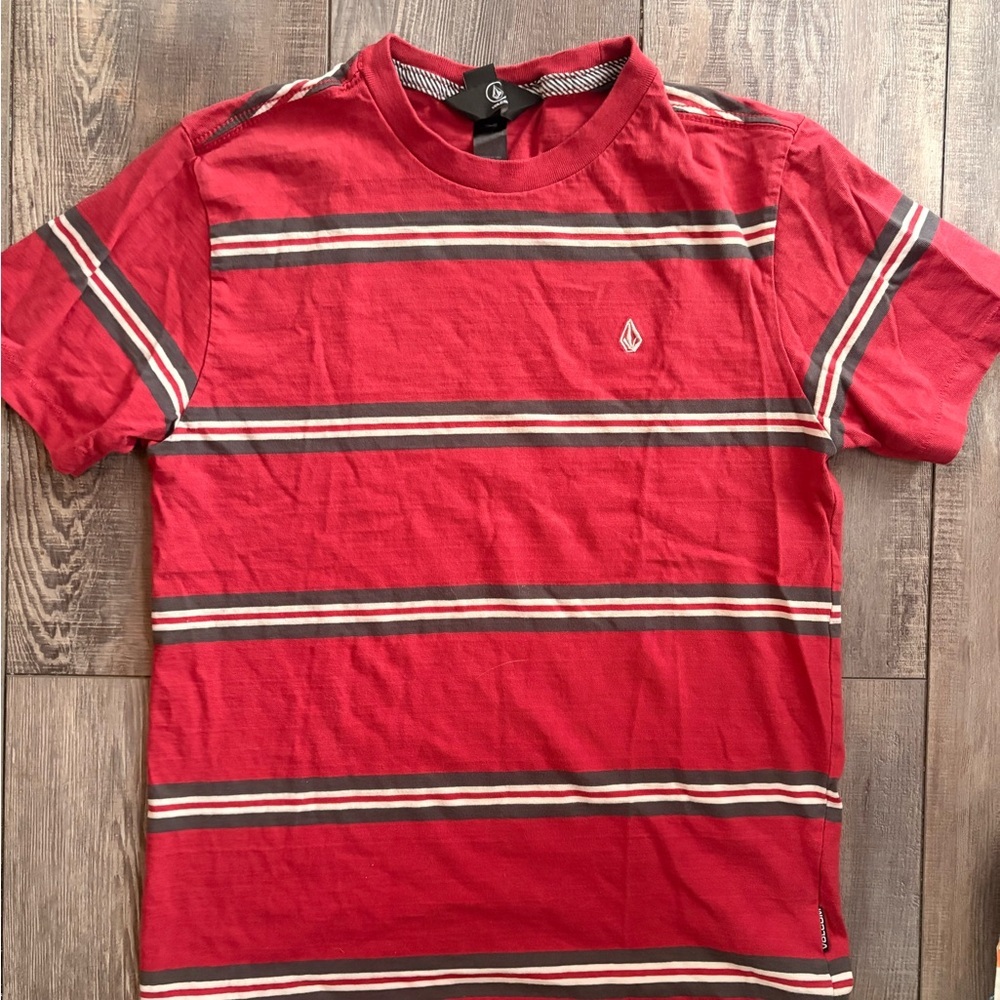 Volcom Kids Red and Black Striped Tee size 12Y